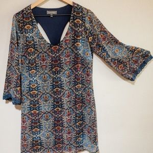 Luxology Navy Blue Brocade Style Patterned Dress
